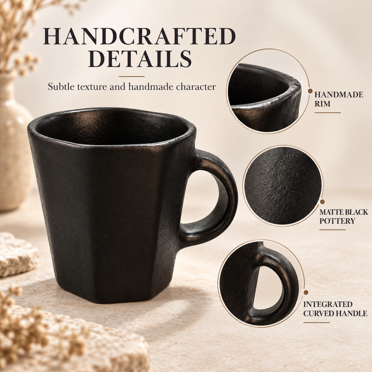 A matte black ceramic mug with a textured, handcrafted finish, shown with three circular detail callouts highlighting the rim, matte surface, and integrated curved handle. The image includes text overlays describing the handcrafted details and features.