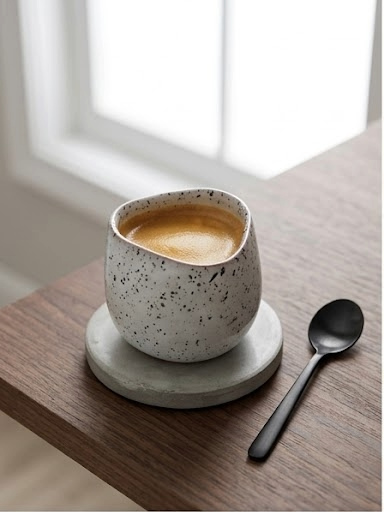 Speckled ceramic mug with a spoon on a wooden surface near a window