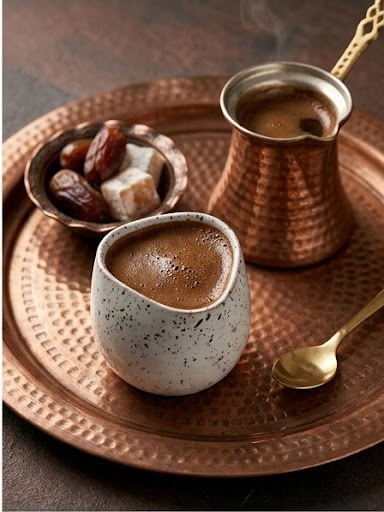 Cup of coffee with a copper pot and dates on a wooden tray