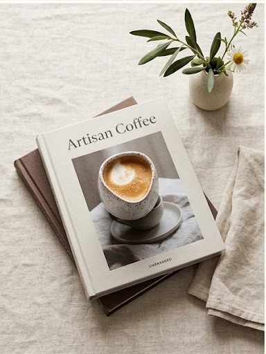 Book titled 'Artisan Coffee' with a coffee cup image on a light surface with a plant.