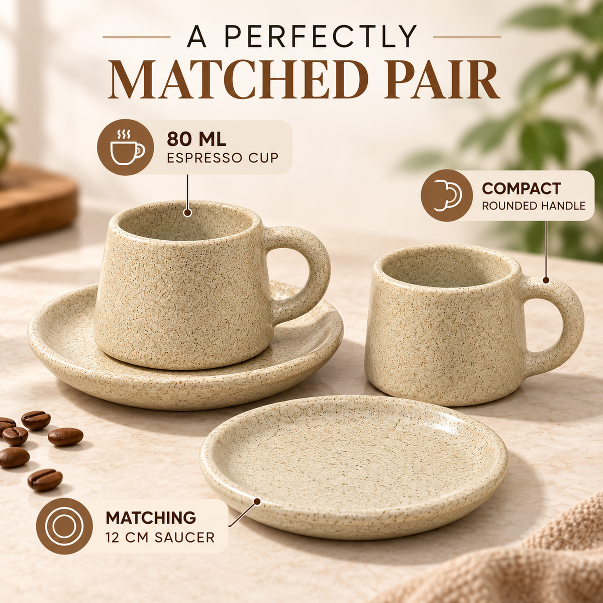 Handmade Egyptian Pottery Espresso Cup & Saucer – Speckled Stone Beige – 80 ml