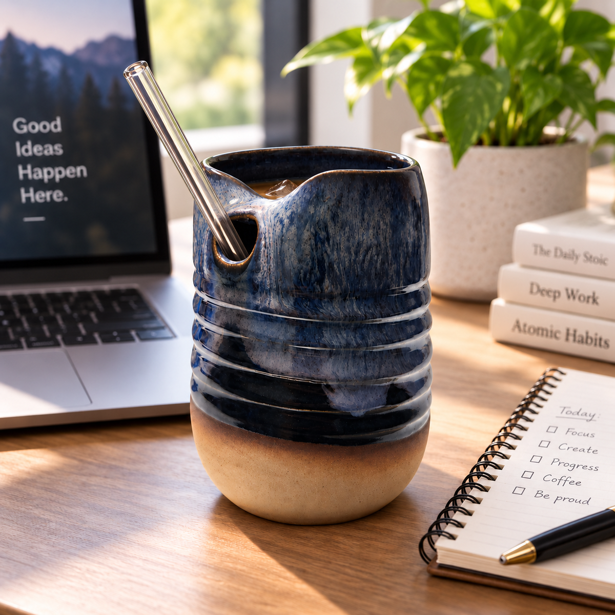 A ceramic mug with a glass straw sits on a wooden desk in a bright workspace setting, surrounded by a laptop, notebook, books, and a potted plant.