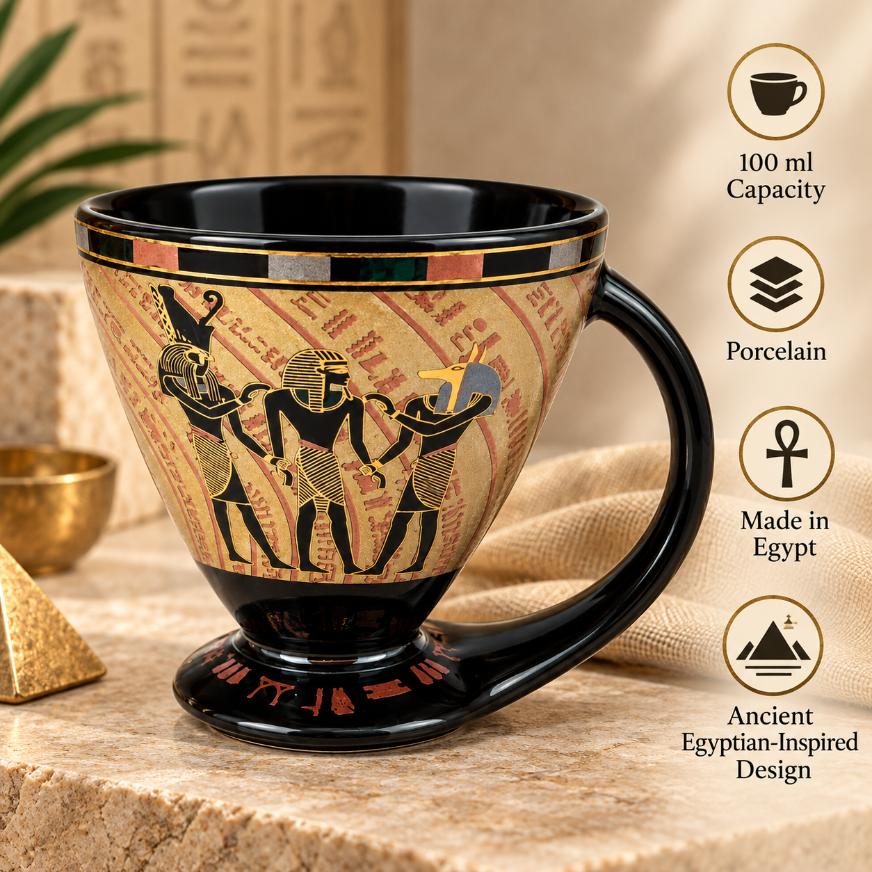 Egyptian-Inspired Porcelain Espresso Cup with Integrated Base – 100 ml -  Egyptian Deities – Black & Sand Gold