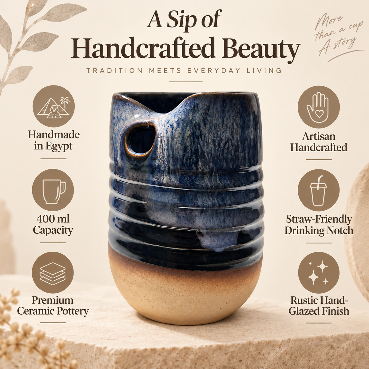 A handcrafted ceramic pitcher with a dark blue and beige glaze, surrounded by marketing text and icons highlighting its features: handmade in Egypt, 400 ml capacity, straw-friendly drinking notch, and rustic hand-glazed finish.