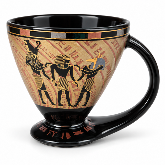Egyptian-Inspired Porcelain Espresso Cup with Integrated Base – 100 ml -  Egyptian Deities – Black & Sand Gold
