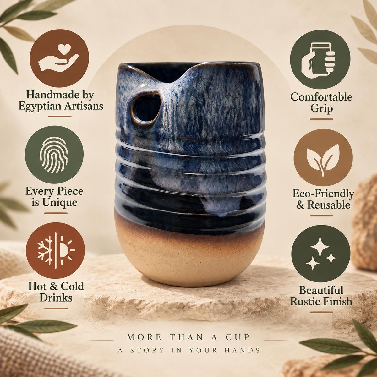 A ceramic tumbler with a blue and beige gradient glaze, featuring a small side hole and ribbed texture, presented on a stone surface with marketing text and icons around it.