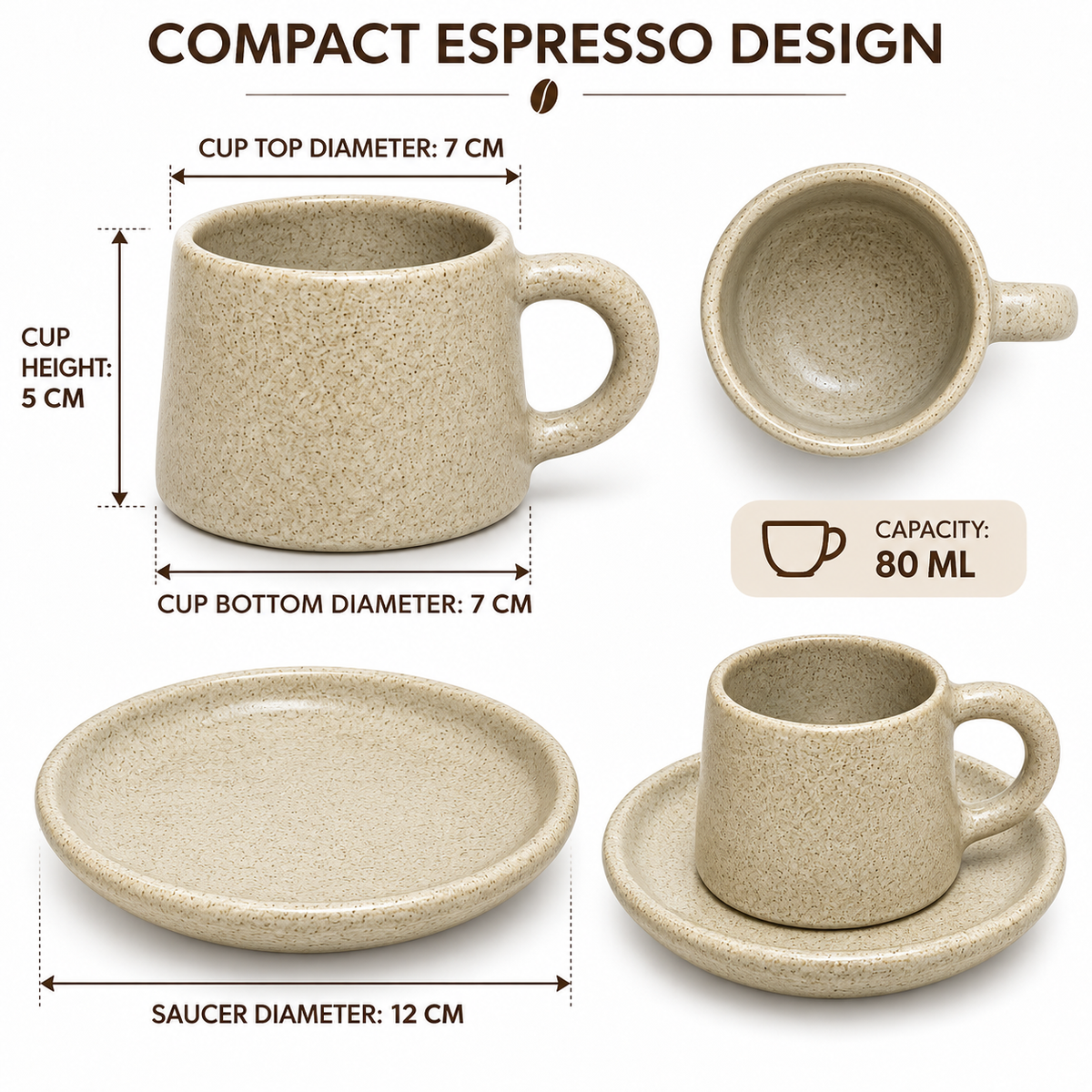 Handmade Egyptian Pottery Espresso Cup & Saucer – Speckled Stone Beige – 80 ml