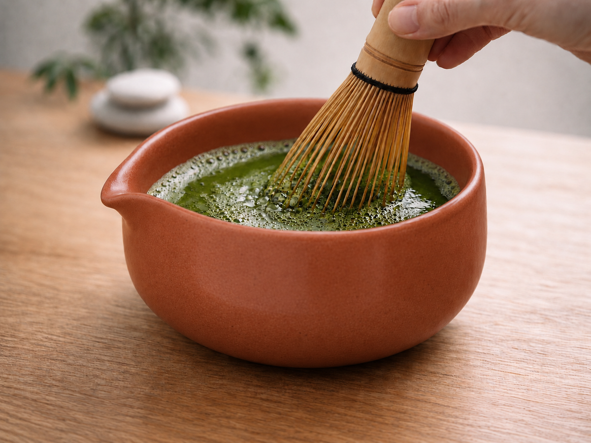 A hand holds a bamboo whisk over a terracotta bowl filled with green matcha tea on a wooden table, with a softly blurred background.