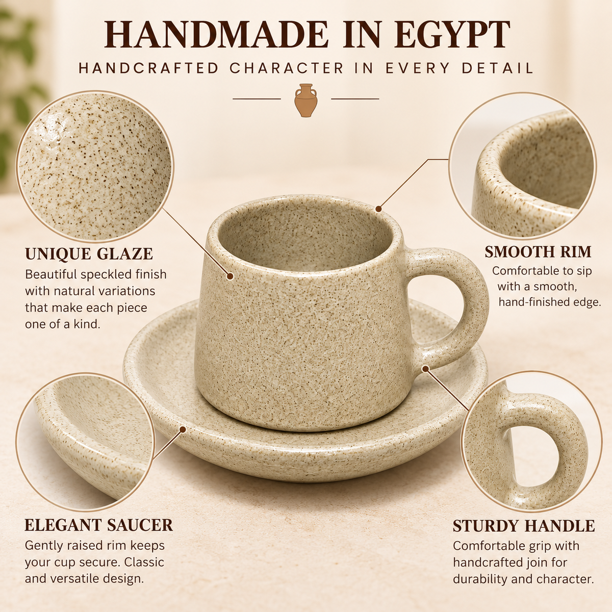 Handmade Egyptian Pottery Espresso Cup & Saucer – Speckled Stone Beige – 80 ml