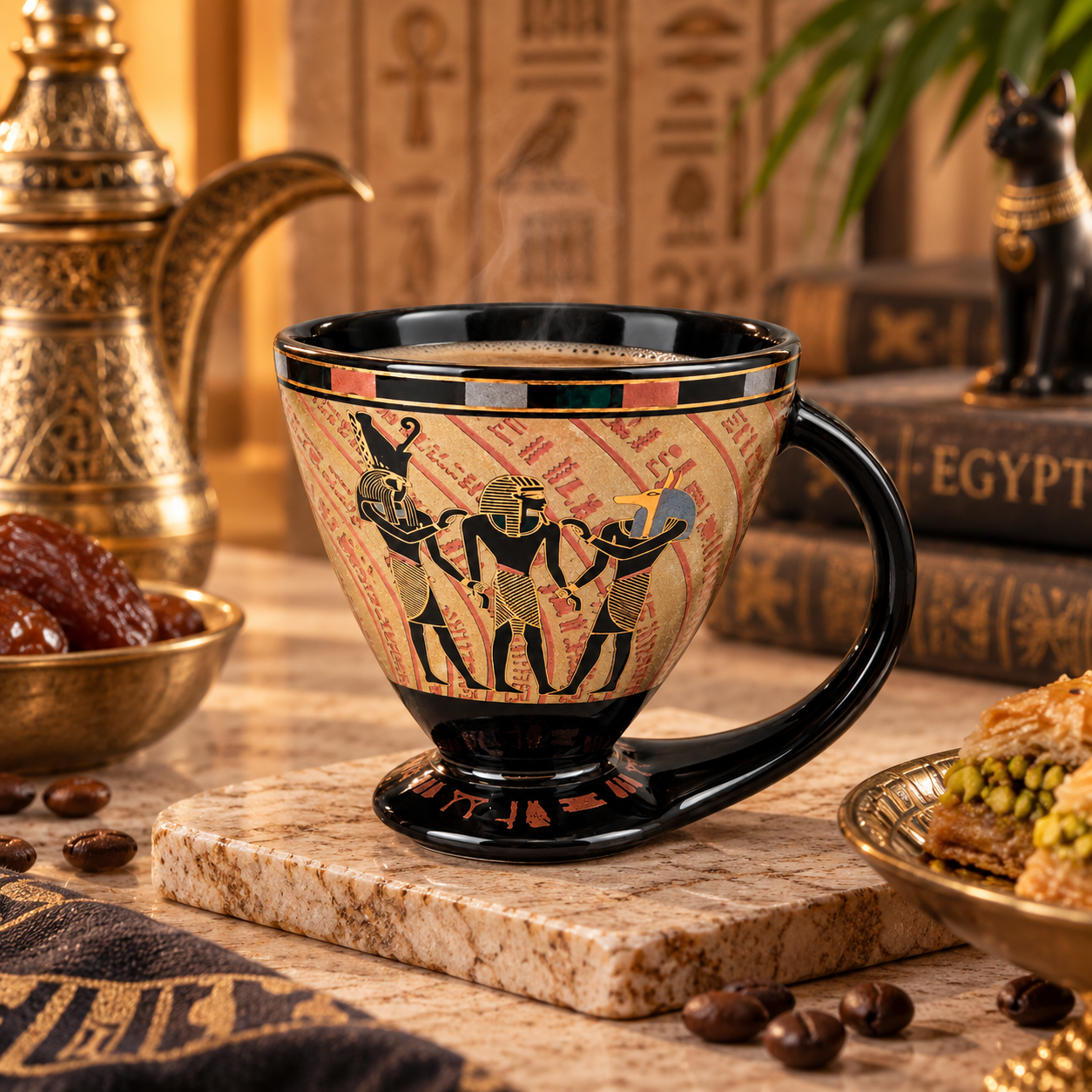Egyptian-Inspired Porcelain Espresso Cup with Integrated Base – 100 ml -  Egyptian Deities – Black & Sand Gold