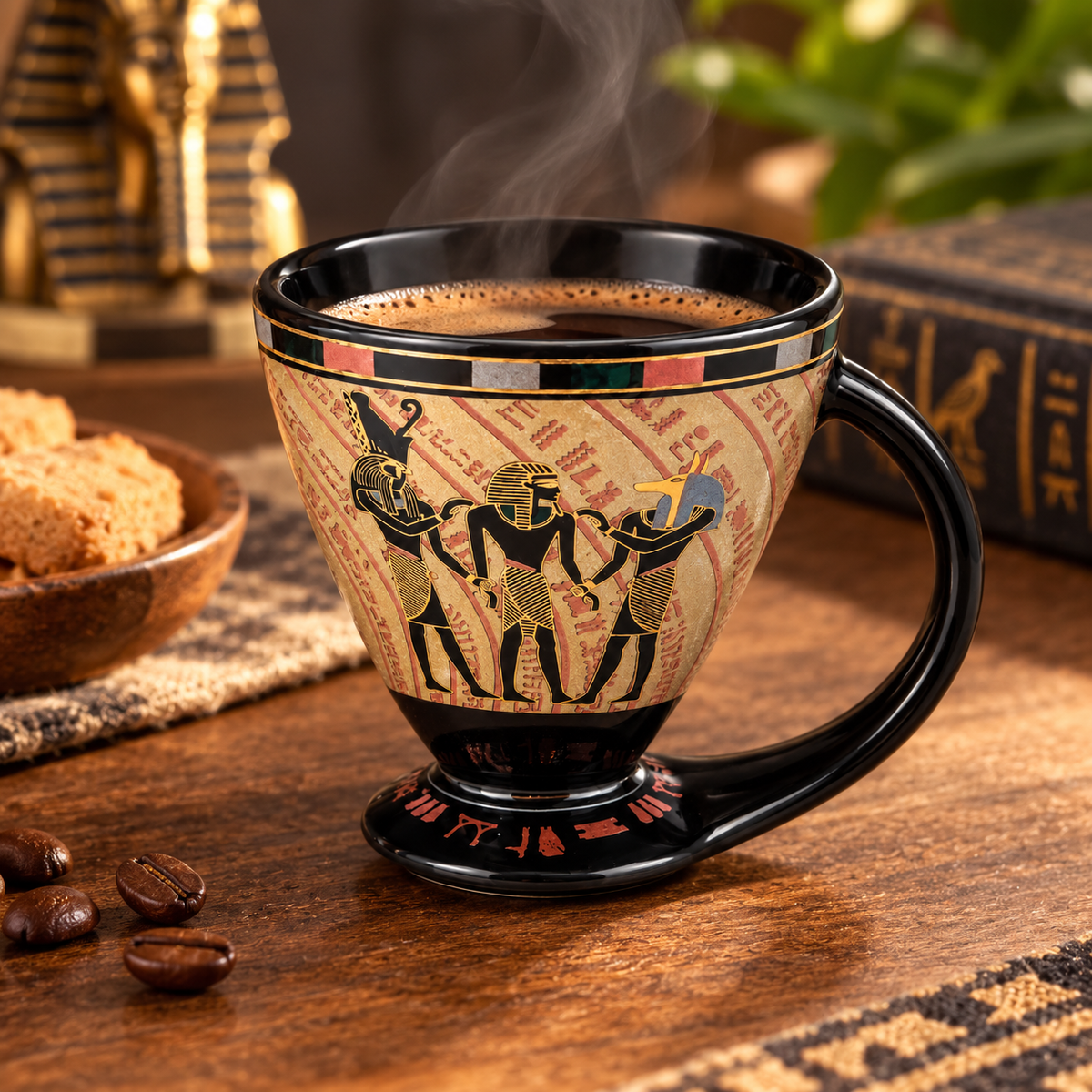 Egyptian-Inspired Porcelain Espresso Cup with Integrated Base – 100 ml -  Egyptian Deities – Black & Sand Gold