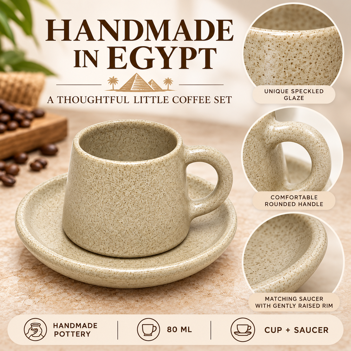 Handmade Egyptian Pottery Espresso Cup & Saucer – Speckled Stone Beige – 80 ml