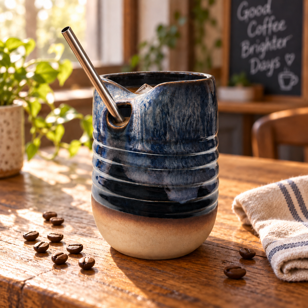 A ceramic coffee cup with a dark blue and beige gradient glaze, featuring a built-in metal straw and a small side loop, set on a wooden table with coffee beans and a striped cloth in a cafe setting.