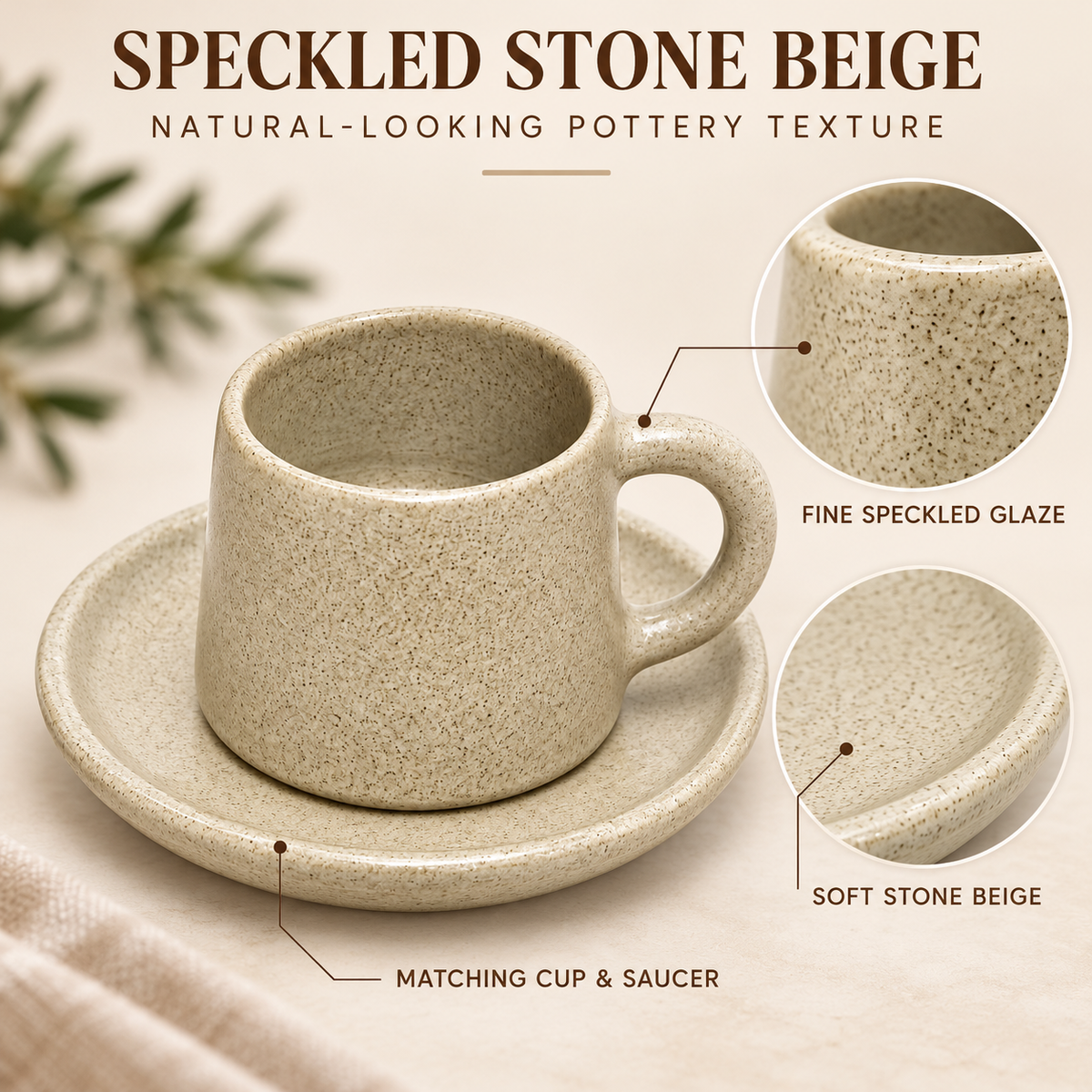 Handmade Egyptian Pottery Espresso Cup & Saucer – Speckled Stone Beige – 80 ml