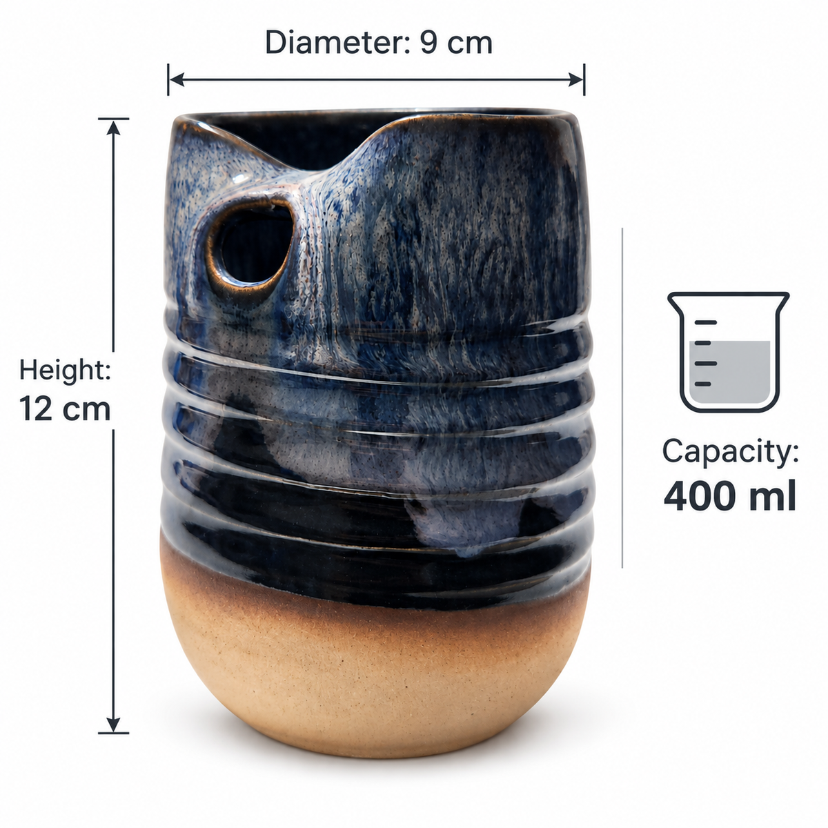 A ceramic pitcher with a dark blue and beige glaze, shown with dimension lines indicating a height of 12 cm, diameter of 9 cm, and a capacity of 400 ml.