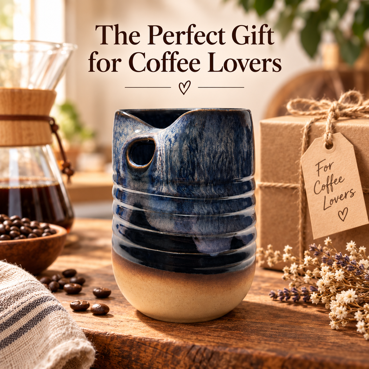 A ceramic coffee mug with a blue and beige gradient glaze sits on a wooden table in a cozy coffee-themed setting, with coffee beans, a coffee maker, and a gift box nearby. Text at the top reads 'The Perfect Gift for Coffee Lovers'.