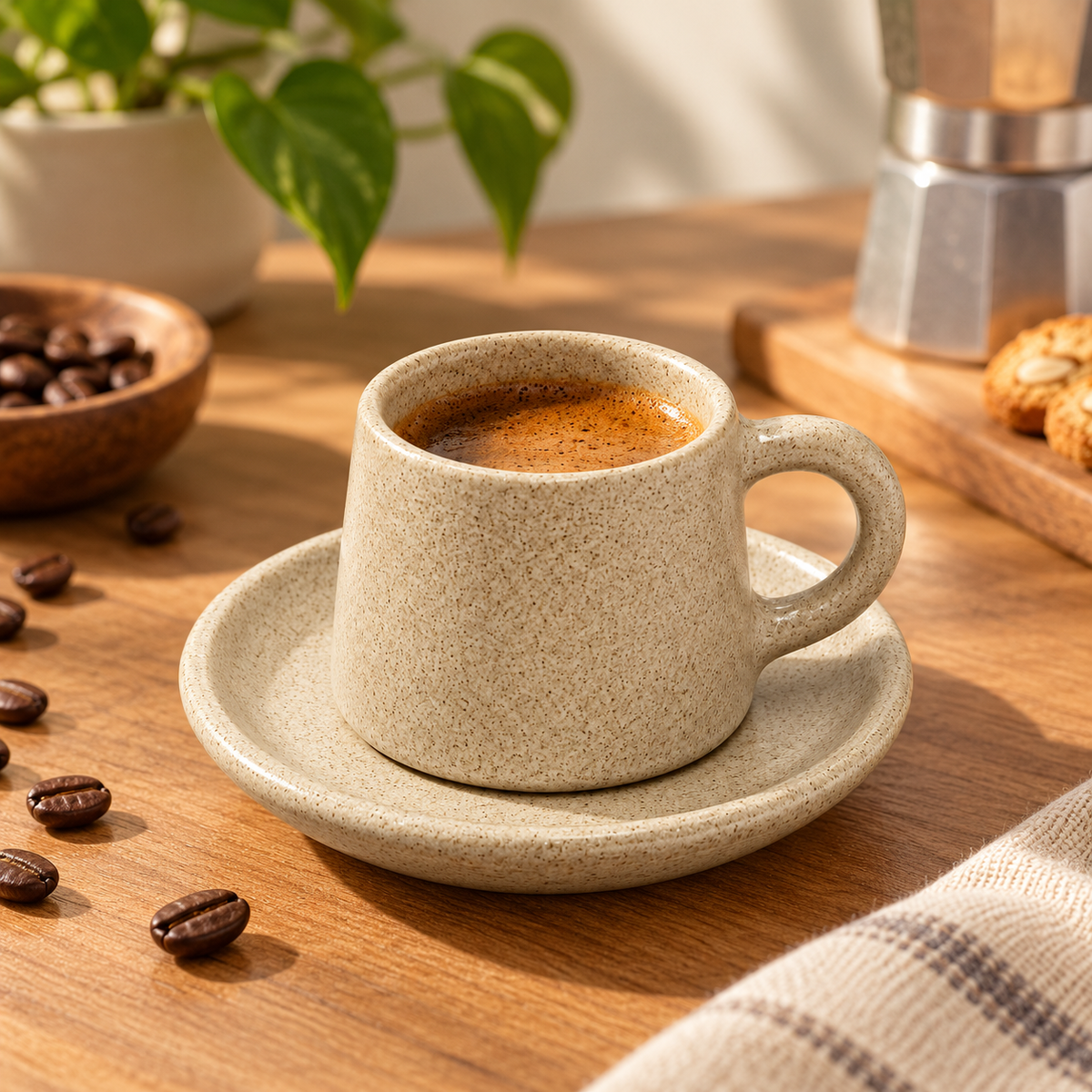 Handmade Egyptian Pottery Espresso Cup & Saucer – Speckled Stone Beige – 80 ml