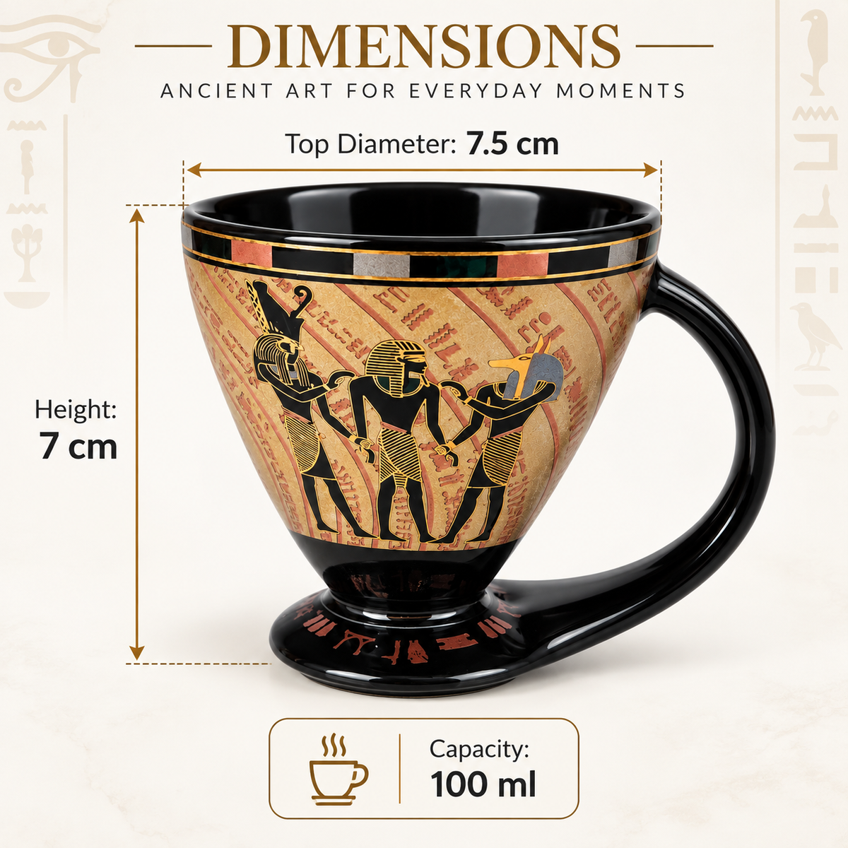 Egyptian-Inspired Porcelain Espresso Cup with Integrated Base – 100 ml -  Egyptian Deities – Black & Sand Gold
