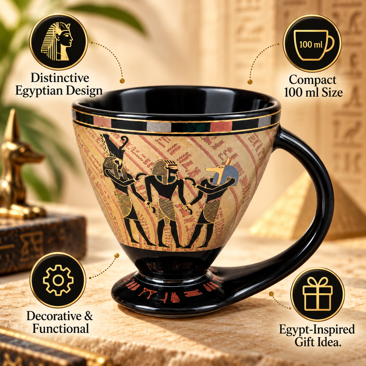 Egyptian-Inspired Porcelain Espresso Cup with Integrated Base – 100 ml -  Egyptian Deities – Black & Sand Gold